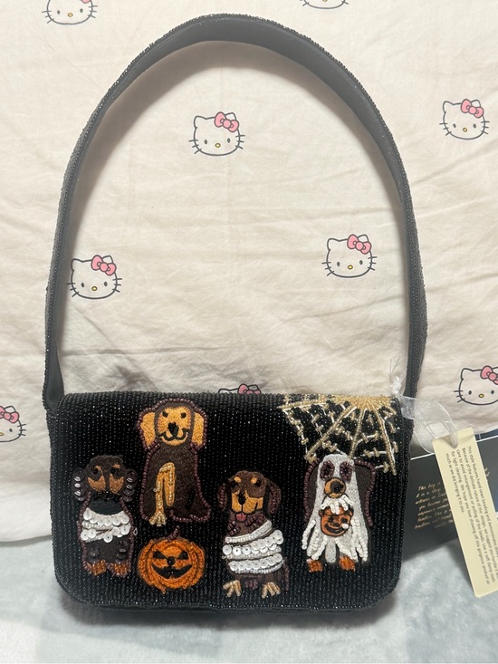 Made in India Handbags - Black Beaded Halloween Dog Motif Shoulder Bag